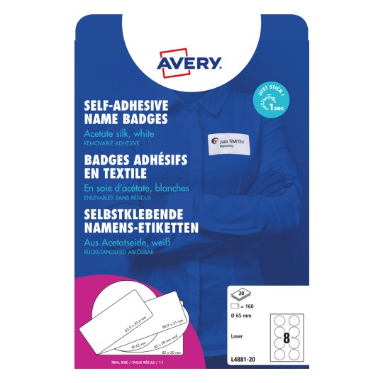 Pakningsbilde: Avery Zweckform, Artikkel: L4881-20, Format: ⌀ 65 mm, Egnet for utskrift: Laser s/hvitt, fargelaser, Innhold: 160 etiketter / 20 ark, /ark?