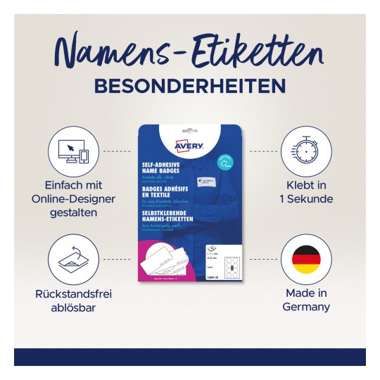 Bildet viser en pakke med selvklebende navneskilt fra Avery. Den fremhever funksjoner som enkel design på nettet, rask klebing og at de kan fjernes, alt presentert på både tysk og engelsk.