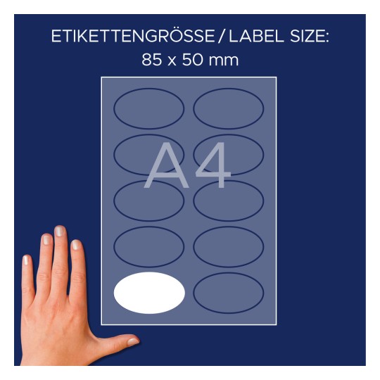 Størrelsessammenligning med hånd, artikkel: L4882-20, ett ark med navnelapper, format: 85 x 50 mm, farge: hvit?