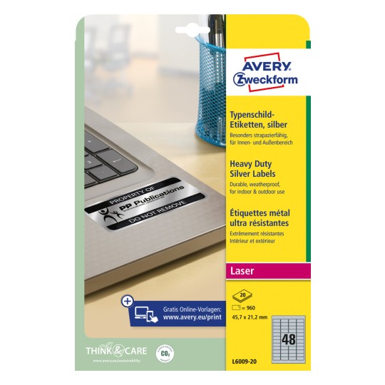 Emballasjebilde: Avery Zweckform Sølvfargede typeplater-etiketter, Artikkel: L6009-20, Format: 45,7 x 21,2 mm, Utskriftskompatibilitet: Sort-hvitt laser, Innhold: 960 etiketter / 20 ark, 48 etiketter/ark?