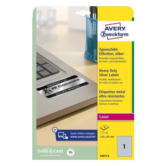 Pakningsbilde: Avery Zweckform sølvfargede typeskilt-etiketter, artikkel: L6013-8, format: 210 x 297 mm, utskriftskompatibilitet: laser s/h, innhold: 8 etiketter / 8 ark, 1 etikett/ark?