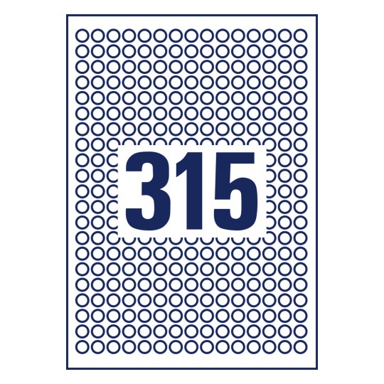 Stansemal enkeltside A4, Artikkel: L6019REV-25, Runde etiketter, avtagbare, Format: ⌀ 10 mm, 315 etiketter/ark?