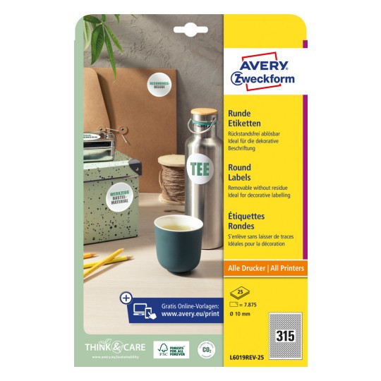 Forpakningsbilde: Avery Zweckform Runde Etiketter, Artikkel: L6019REV-25, Format: ⌀ 10 mm, Skriverkompatibilitet: Inkjet, Laser s/h, Fargelaser, Innhold: 7 875 etiketter / 25 ark, 315 etiketter/ark.