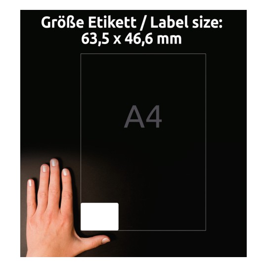 Sammenligning med håndstørrelse, Artikkel: L6025REV-25, et ark universal-etiketter, avtagbar, format: 63,5 x 46,6 mm, farge: hvit?