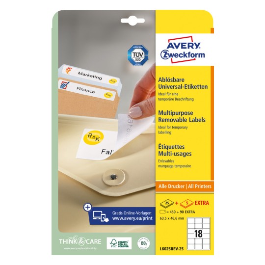 Pakningsillustrasjon: Avery Zweckform Universaletiketter, avtagbare, Artikkel: L6025REV-25, Format: 63,5 x 46,6 mm, Utskriftskompatibilitet: Inkjet, Laser s/hv, Fargelaser, Innhold: 540 etiketter / 30 ark, 18 etiketter/ark.