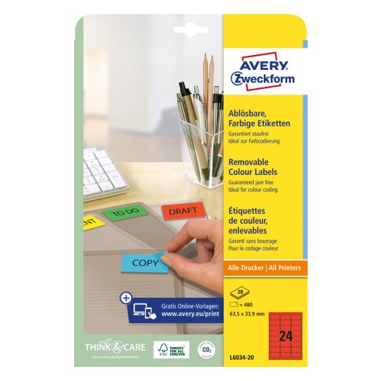 Pakningsbilde: Avery Zweckform Fargede organisasjons-etiketter, avtakbare, Artikkel: L6034-20, Format: 63,5 x 33,9 mm, Skriver: Inkjet, Laser s/hv, Fargelaser, Innhold: 480 etiketter / 20 ark, 24 etiketter/ark.