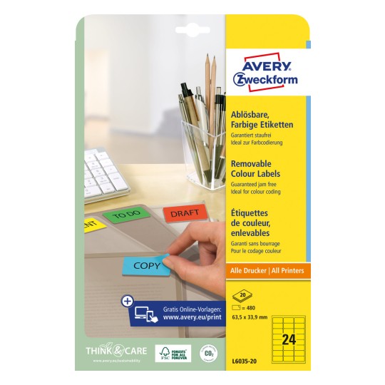 Pakningsbilde: Avery Zweckform Fargede Organisasjons-Etiketter, avtakbare, Artikkel: L6035-20, Format: 63,5 x 33,9 mm, Utskriftsegnet: Inkjet, Laser s/hv, Fargelaser, Innhold: 480 etiketter / 20 ark, 24 etiketter/ark