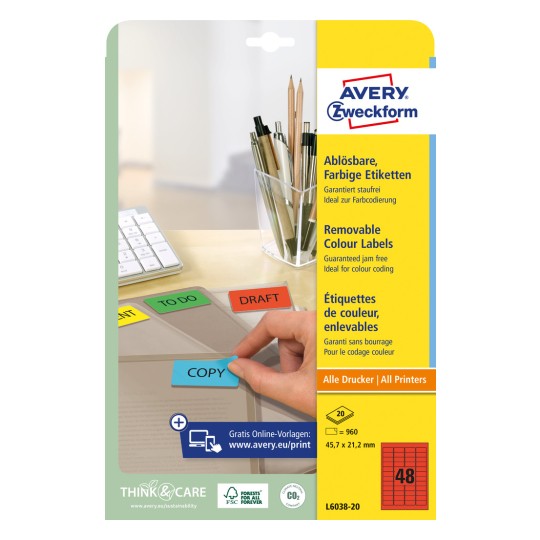 Pakningsbilde: Avery Zweckform Fargede organisasjonsetiketter, avtagbare, Artikkel: L6038-20, Format: 45,7 x 21,2 mm, Skriveegnethet: Inkjet, laser s/h, fargelaser, Innhold: 960 etiketter / 20 ark, 48 etiketter/ark.