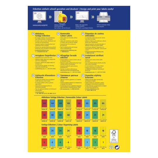 Bildet viser en fargerik etikett designguide fra Avery, med forskjellige etikettyper, -størrelser, og tips for utskrift. Det inneholder informasjon på flere språk om avtakbare fargeetiketter og organisatoriske etiketter.