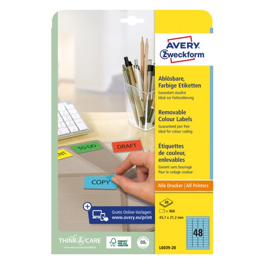 Pakkeavbildning: Avery Zweckform Fargede Organisasjons-etiketter, avtagbare, Artikkel: L6039-20, Format: 45,7 x 21,2 mm, Skriveregnethet: Inkjet, Laser s/h, Fargelaser, Innhold: 960 etiketter / 20 ark, 48 etiketter/ark.