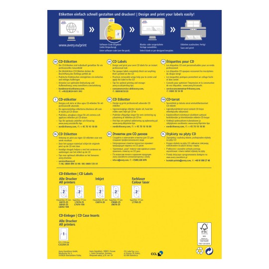 Bildet er en informasjonsguide om hvordan man lager og skriver ut CD-etiketter. Den inkluderer instruksjoner på flere språk, tips for bruk, og produktkoder for ulike etiketter. Designet er lyst og inneholder grafikk for lettere forståelse.