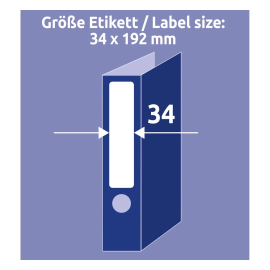 Størrelsessammenligning med hånd, artikkel: L6060-10, et ark med ringperm-etiketter, hjemmekontor, liten pakke, format: 34 x 192 mm, farge: hvit