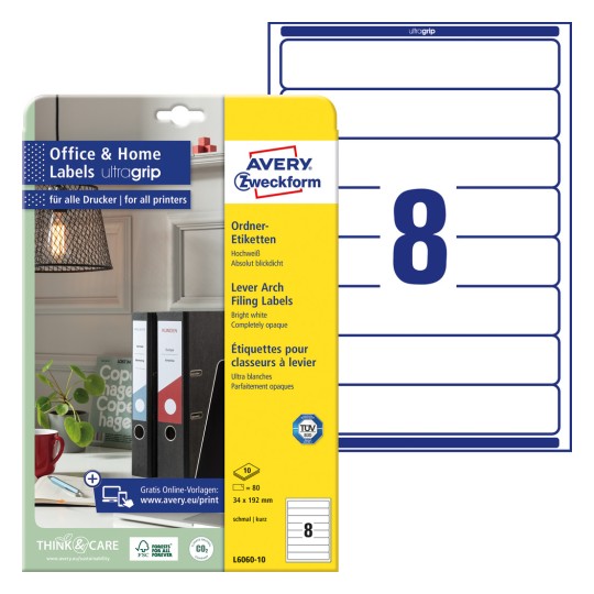 Pakningsbilde med etikettark: Avery Zweckform perm-etiketter, hjemmekontor, småpakning, artikkel: L6060-10, format: 34 x 192 mm, egnet for printer: Inkjet, svart/hvitt-laser, fargelaser, innhold: 80 etiketter / 10 ark, 8 etiketter/ark?