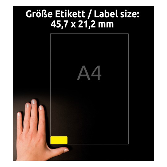Størrelsessammenligning med hånd, Artikkel: L6103-20, ett ark værbestandige folieetiketter, Format: 45,7 x 21,2 mm, Farge: Gul.
