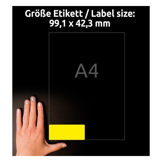 Størrelsessammenligning med hånd, artikkel: L6107-20, ett ark med værbestandige folieetiketter, format: 99,1 x 42,3 mm, farge: gul.