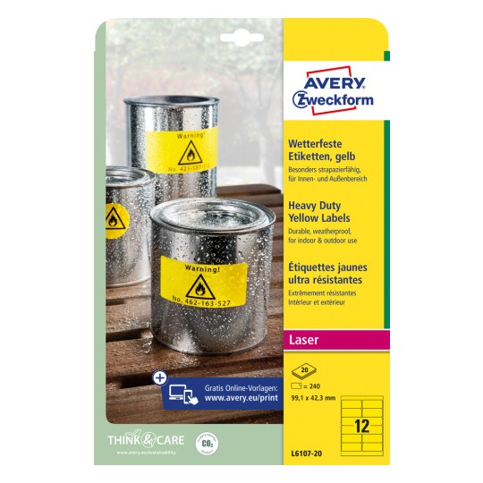 Forpakningsbilde: Avery Zweckform Værbestandige folieetiketter for laserskrivere, Artikkel: L6107-20, Format: 99,1 x 42,3 mm, Skriverkompatibilitet: Laser s/hv, Innhold: 240 etiketter / 20 ark, 12 etiketter/ark.