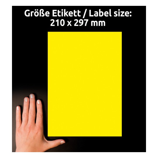 Størrelsessammenligning med hånd, Artikkel: L6111-20, ett ark værbestandige folie-etiketter, Format: 210 x 297 mm, Farge: Gul?