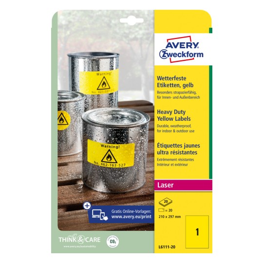 Pakkeillustrasjon: Avery Zweckform Værbestandige folietiketter for laserskrivere, Artikkel: L6111-20, Format: 210 x 297 mm, Skriverkompatibilitet: Laser s/h, Innhold: 20 etiketter / 20 ark, 1 etikett/ark.