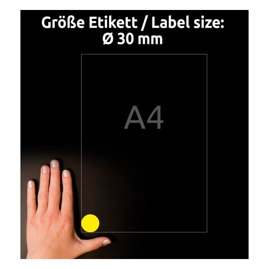 Størrelsessammenligning med hånd, artikkel: L6128-20, ett ark værbestandige folieetiketter, format: ⌀ 30 mm, farge: gul.