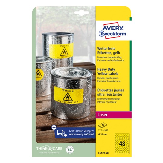 Pakningsbilde: Avery Zweckform Værbestandige folieetiketter for laserskrivere, Artikkel: L6128-20, Format: ⌀ 30 mm, Skriveregnskap: Laser svart/hvitt, Innhold: 960 etiketter / 20 ark, 48 etiketter/ark.