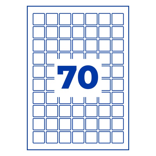 Hvitt rutenett av avrundede blå firkanter med det store blå tallet 70 i midten?
