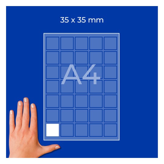 A4-ark med rutenett av 35×35 mm ruter med én hvit rute og en hånd nederst til venstre?
