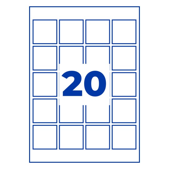 Rutenett med 20 blåomrissede kvadrater med et stort blått tall 20 i midten?