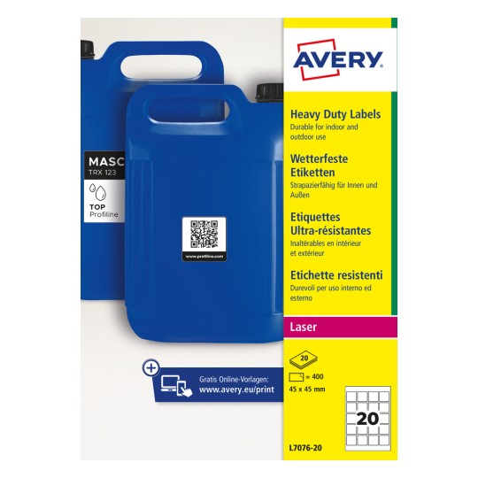 Blå plastkanner med QR-etikett ved siden av emballasje for gule Avery-etiketter for tungt bruk?