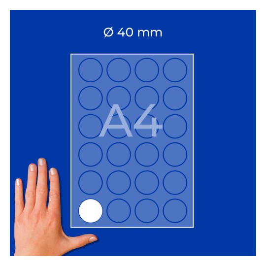 Hånd ved siden av et A4-ark med rutenett av 40 mm sirkulære klistremerker, ett hvitt klistremerke vist?