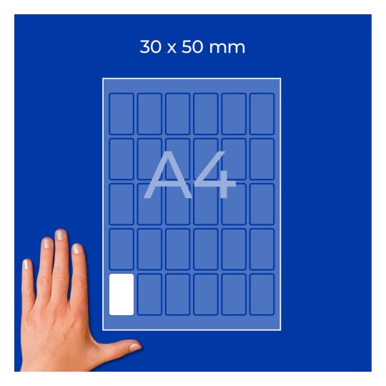 Hånd ved siden av et A4-ark-diagram merket 30 x 50 mm med små rektangulære celler?