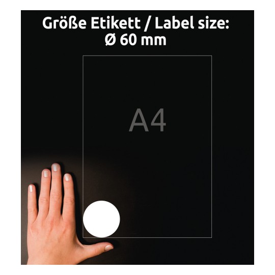Størrelsessammenligning med hånd, artikkel: L7104REV-25, ett ark med runde etiketter, avtagbare, format: ⌀ 60 mm, farge: hvit.