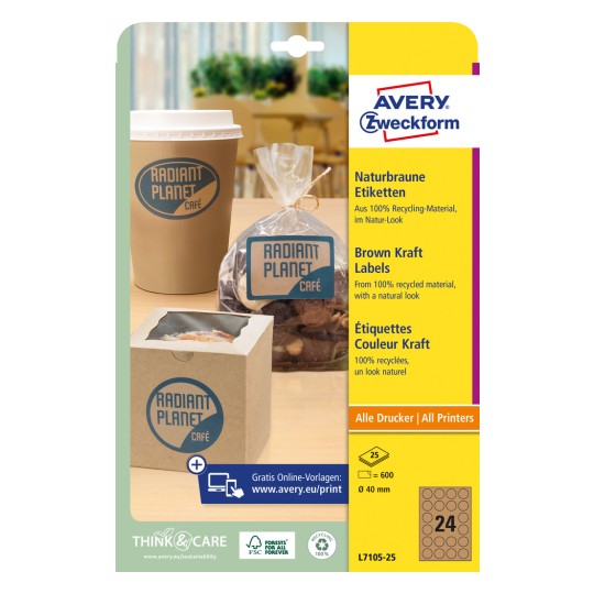 Pakningsbilde: Avery Zweckform Brune Kraftpapiretiketter, Artikkel: L7105-25, Format: ⌀ 40 mm, Utskriftsegnet: Inkjet, Laser s/h, Fargelaser, Innhold: 600 etiketter / 25 ark, 24 etiketter/ark.