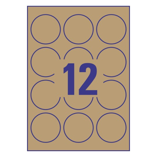 Stansemal enkeltark A4, Artikkel: L7106-25, Naturlig brune etiketter, Format: ⌀ 60 mm, 12 etiketter/ark