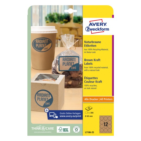 Pakningsbilde: Avery Zweckform Brune Kraftpapiretiketter, Artikkel: L7106-25, Format: ⌀ 60 mm, Utskriftsegnet: Inkjet, Laser s/hv, Fargelaser, Innhold: 300 etiketter / 25 ark, 12 etiketter/ark.