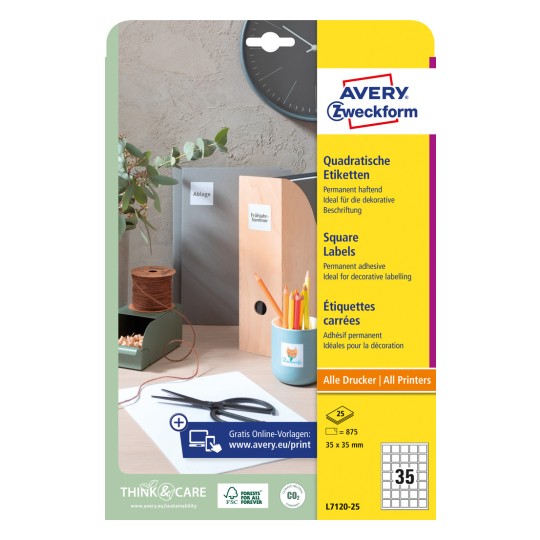 Pakningsbilde: Avery Zweckform Kvadratiske Etiketter, Artikkel: L7120-25, Format: 35 x 35 mm, Skriveregenskaper: Inkjet, Laser s/hv, Fargelaser, Innhold: 875 etiketter / 25 ark, 35 etiketter/ark.