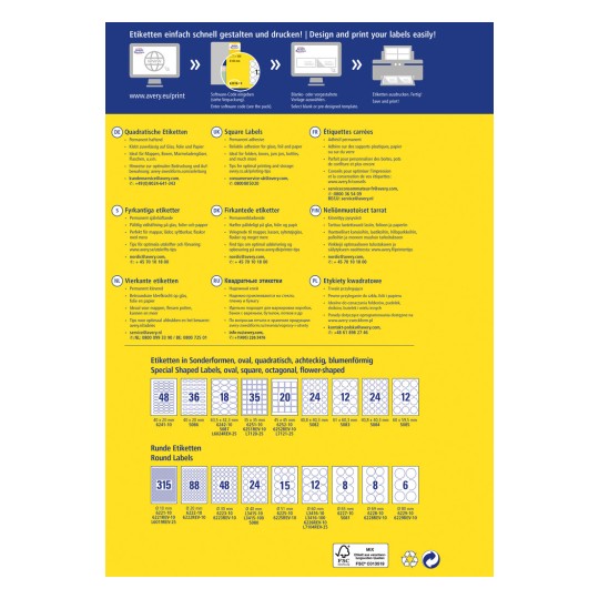 Bildet viser en veiledning for design og utskrift av ulike typer etiketter, inkludert firkantede, runde, rektangulære og spesialformede etiketter. Den inkluderer dimensjoner og produktkoder for forskjellige etikettformater og gir kontaktinformasjon for kundeservice på ulike språk.