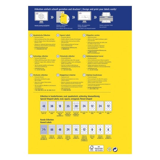 Dette bildet viser en katalog med etikettdesign og utskriftsalternativer fra Avery, inkludert firkantede, rektangulære, ovale, runde og spesialformede etiketter, med flerspråklige beskrivelser og utskriftstips.