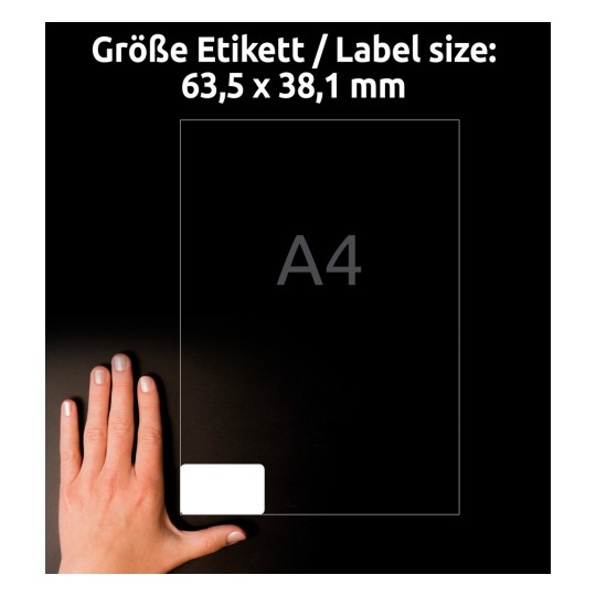 Størrelsessammenligning med hånd, artikkel: L7160-100, ett ark adresseetiketter, format: 63,5 x 38,1 mm, farge: hvit?