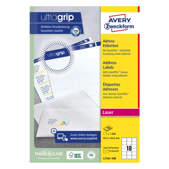 Pakningsbilde: Avery Zweckform Hvite adresseetiketter for laserskrivere, Artikkel: L7161-100, Format: 63,5 x 46,6 mm, Skriver egnethet: Laser s/hv, fargelaser, Innhold: 1.800 etiketter / 100 ark, 18 etiketter/ark.