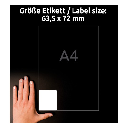 Størrelsessammenligning med hånd, Artikkel: L7164-100, ett ark adresse-etiketter, Format: 63,5 x 72 mm, Farge: Hvit?