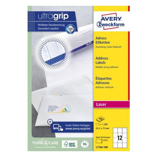Pakningsbilde: Avery Zweckform Hvite adresseetiketter for laserskrivere, Artikkel: L7164-100, Format: 63,5 x 72 mm, Egnet for skrivere: Laser s/hv, fargelaser, Innhold: 1.200 etiketter / 100 ark, 12 etiketter/ark.