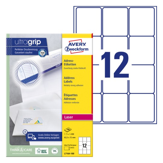 Bilde av pakken med etikettark: Avery Zweckform adresseetiketter, artikkel: L7164-100, format: 63,5 x 72 mm, skriveregenskaper: laser s/hv, fargelaser, innhold: 1.200 etiketter / 100 ark, 12 etiketter/ark.