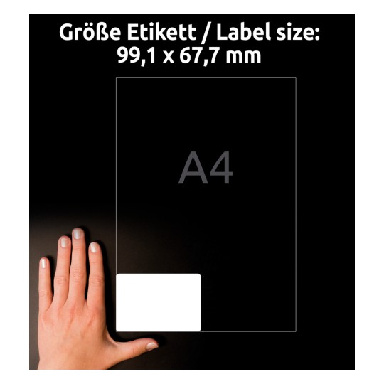 Størrelsessammenligning med hånd, artikkel: L7165-100, ett ark fraktetiketter, format: 99,1 x 67,7 mm, farge: hvit?