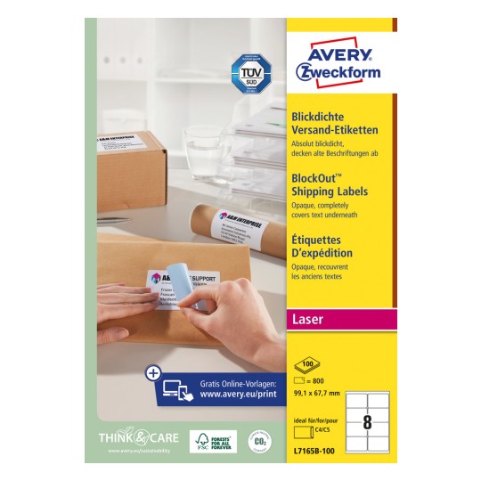 Pakkebilde: Avery Zweckform Hvite Frakt-Etiketter, Artikkel: L7165B-100, Format: 67,7 x 99,1 mm, Skriverkompatibilitet: Sort/hvitt laser, fargelaser, Innhold: 800 etiketter / 100 ark, 8 etiketter/ark