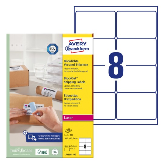 Pakningsbilde med etikettark: Avery Zweckform fraktetiketter, Artikkel: L7165B-100, Format: 67,7 x 99,1 mm, Utskriftsegnet: Laser s/hv, fargelaser, Innhold: 800 etiketter / 100 ark, 8 etiketter/ark.