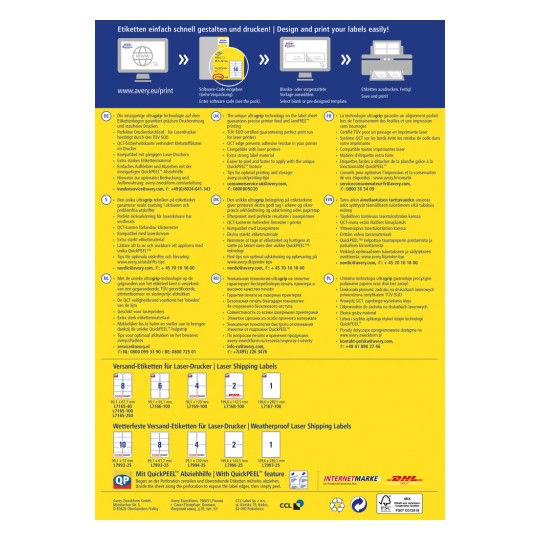 Bildet viser informasjon om design og utskrift av etiketter, med detaljer som kompatibilitet med laserskrivere, QuickPEEL-funksjonen for enklere påføring, og ulike etikettstørrelser.