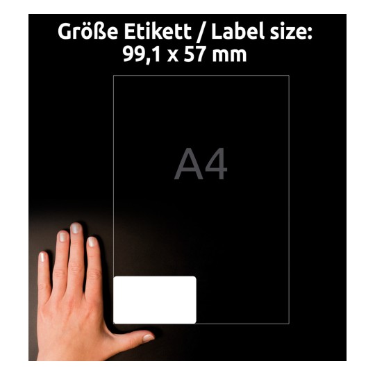 Størrelsessammenligning med hånd, artikkel: L7173-100, ett ark adresseetiketter, format: 99,1 x 57 mm, farge: hvit.