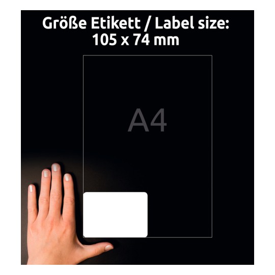 Størrelsessammenligning med hånd, artikkel: L7183-100, ett ark, format: 105 x 74 mm, farge: hvit.