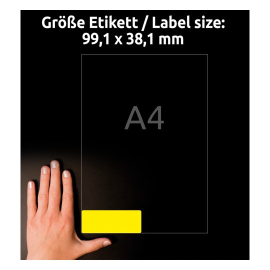 Størrelsessammenligning med hånd, artikkel: L7263Y-25, ett ark med etiketter i spesialfarger, format: 99,1 x 38,1 mm, farge: neongul.