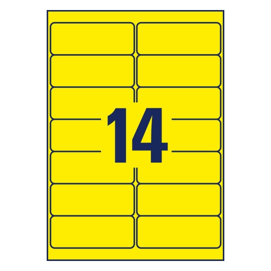 Stanse tegning enkeltark A4, artikkel: L7263Y-25, etiketter i spesialfarger, format: 99,1 x 38,1 mm, 14 etiketter/ark.